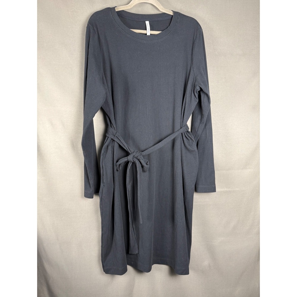 Modern Ambition Ribbed Knit Dress Women XXL Black Long Sleeve Belted Crew Neck